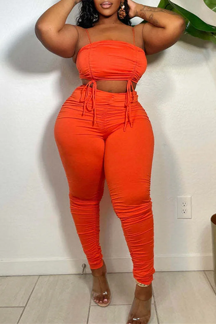 Orange Sexy Casual Solid Patchwork Backless Fold Spaghetti Strap Plus Size Two Pieces