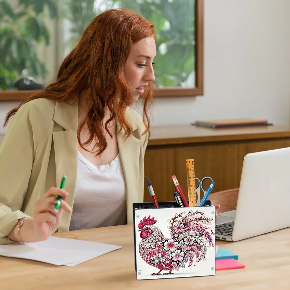 DIY Rooster Special Shaped Diamond Painting Acrylic Pencil Holder Organizer