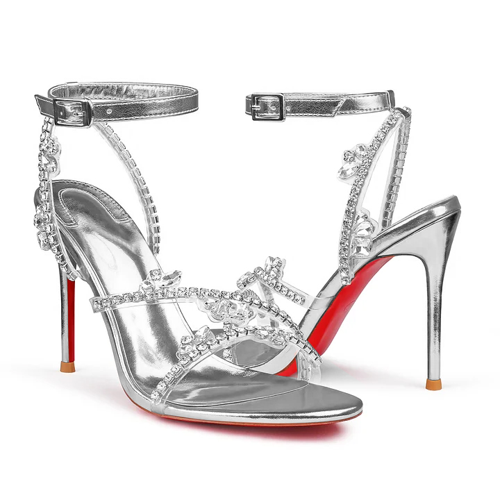 100mm Spotlight Wavy Straps Red Bottom Stilettos Rhinestones Sandals -MERUMOTE