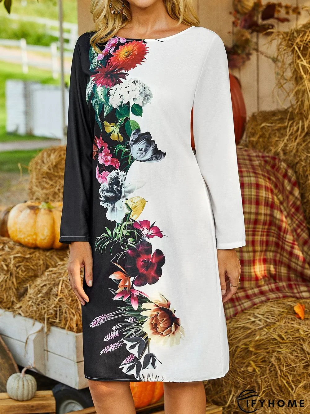Casual Floral Crew Neck Long Sleeve Loose Tunic Dress | IFYHOME