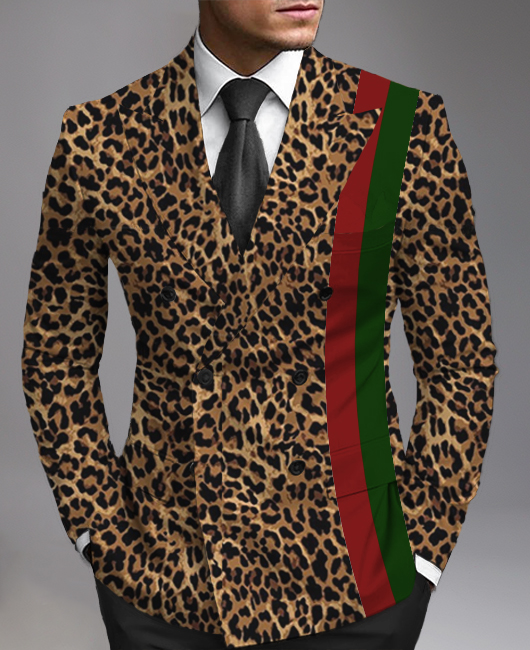 Business Contrast Striped Leopard Print Peaked Lapel Double-breasted Blazer