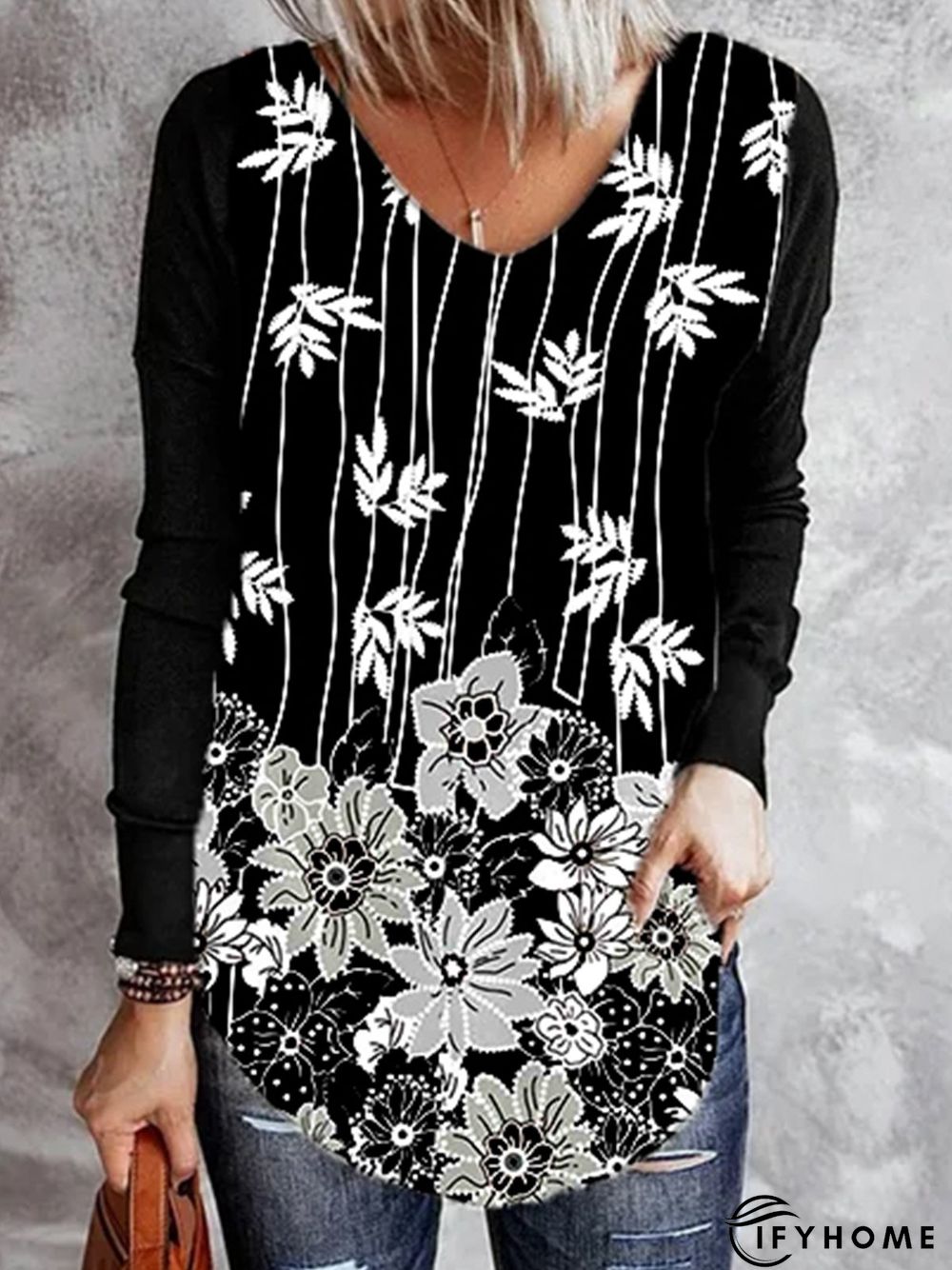 Floral V Neck Polyester Cotton Tunic T-Shirt | IFYHOME
