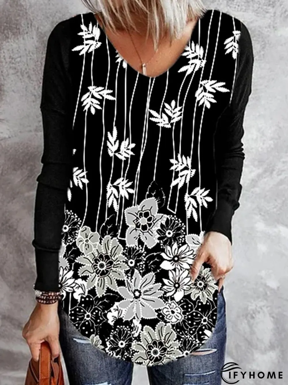 Floral V Neck Polyester Cotton Tunic T-Shirt | IFYHOME
