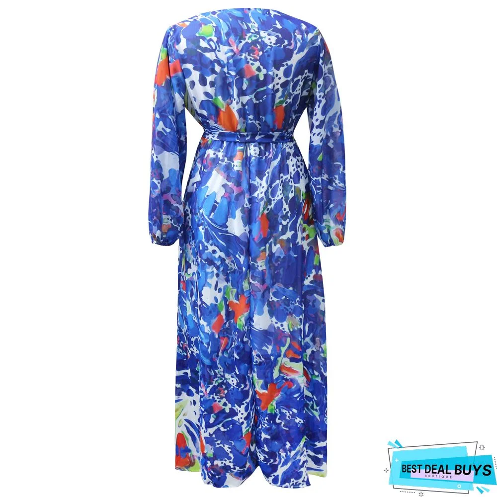 Chiffon Printed Long-Sleeved Dress with Lined Waistband