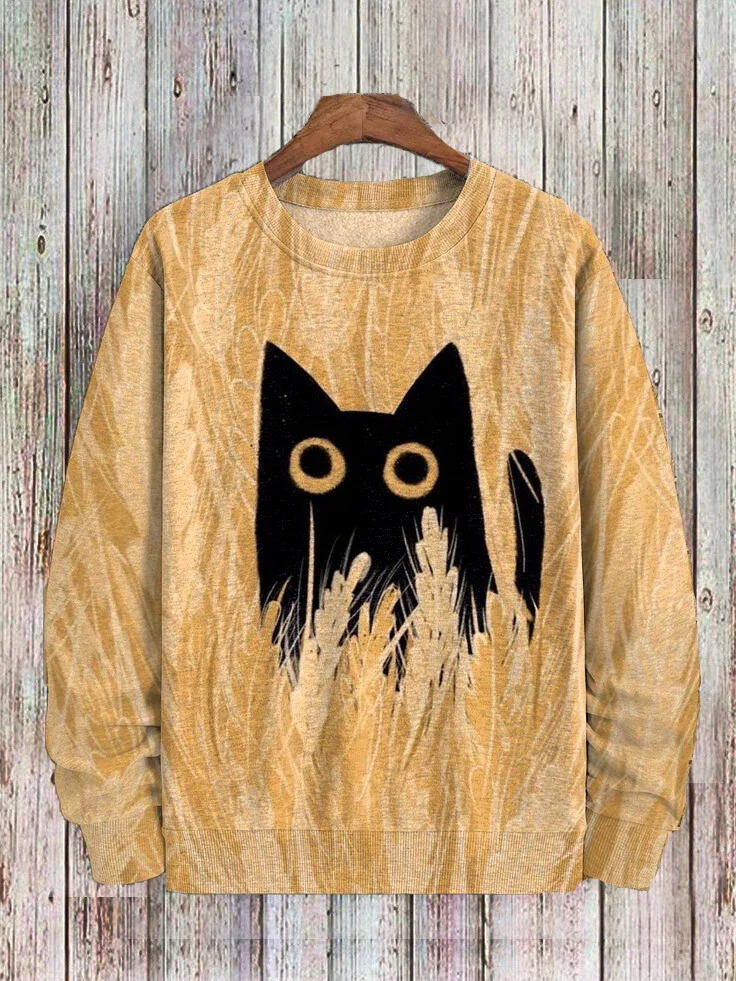 Men's Black Cat In The Wheat Field Art Print Casual Sweatshirt