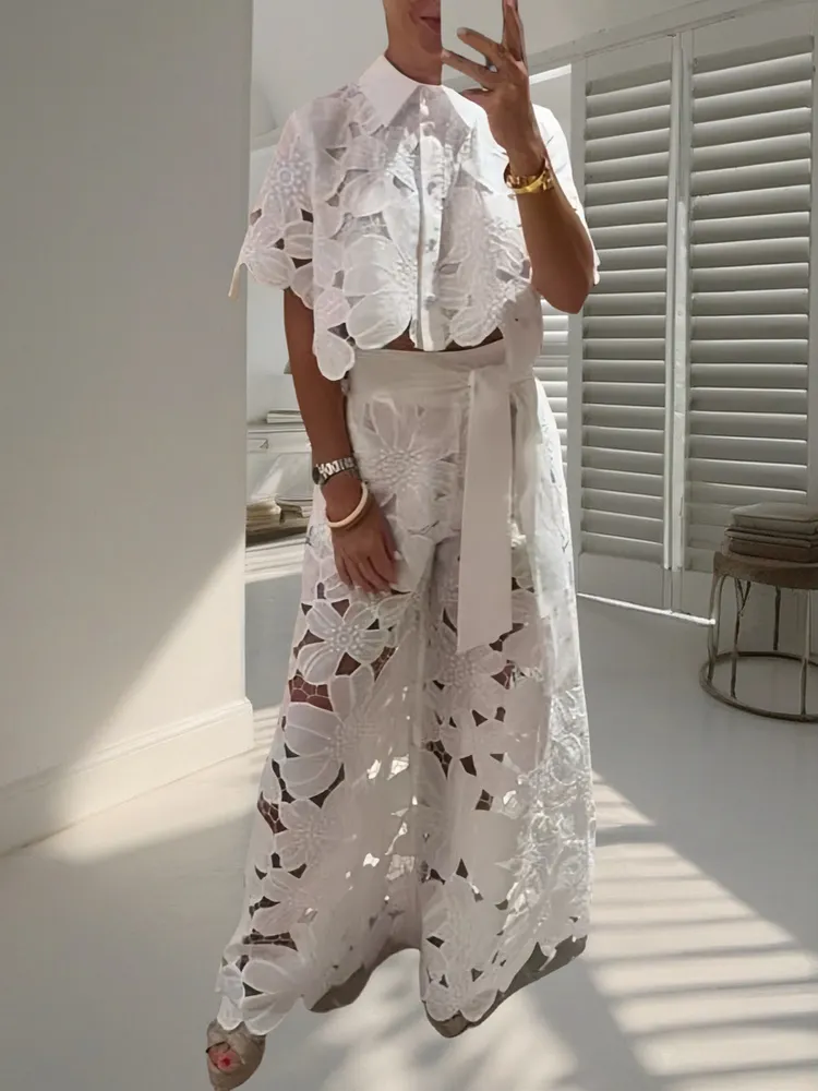 Wholesale Crochet Floral Lace Button-Down Shirt & Wide Leg Pant Set &ndash; Boho Elegant Two-Piece Outfit