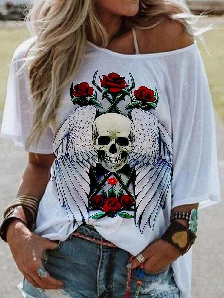 Skull Print Off-shoulder T-shirt-Mayoulove