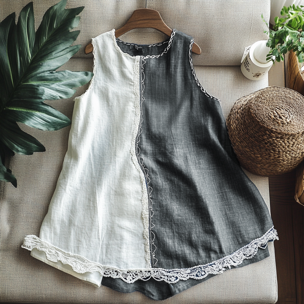  Elegant Two-Tone Lace Trimmed Sleeveless Top for Women