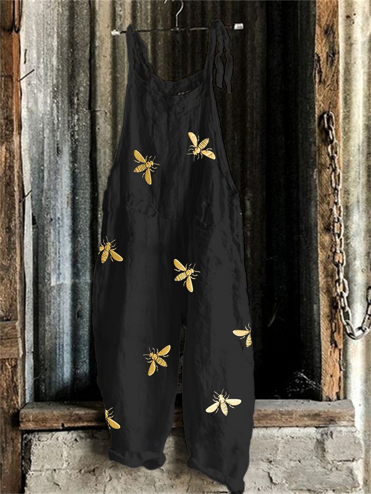 Comstylish Golden Bees Pattern Linen Blend Jumpsuit