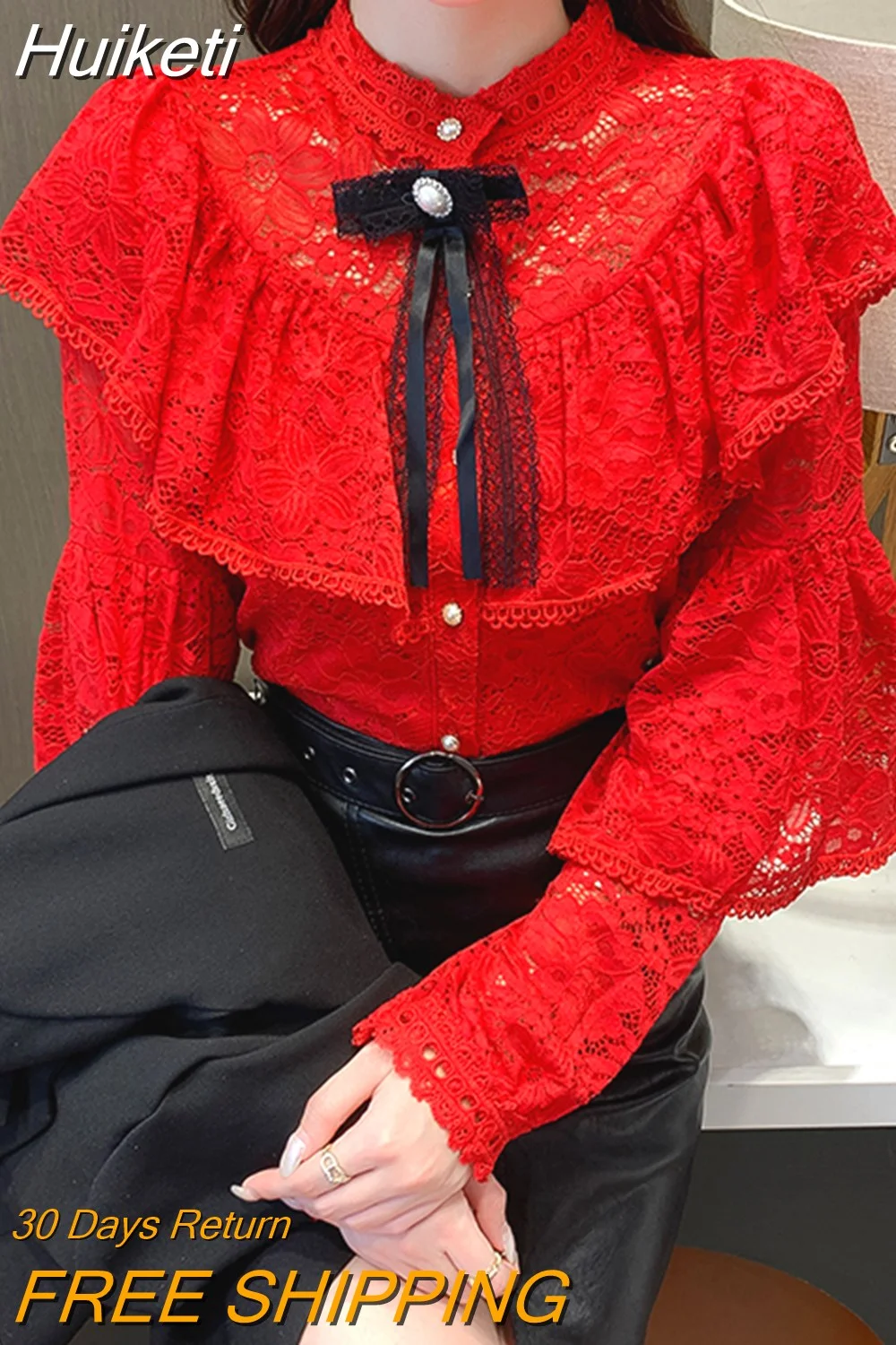 Huiketi Elegant Lace Women's Shirt Autumn Vintage Crochet Ruffles Woman Blouses Bow Beading Long Sleeve Ladies Tops Blusas 16889 1007