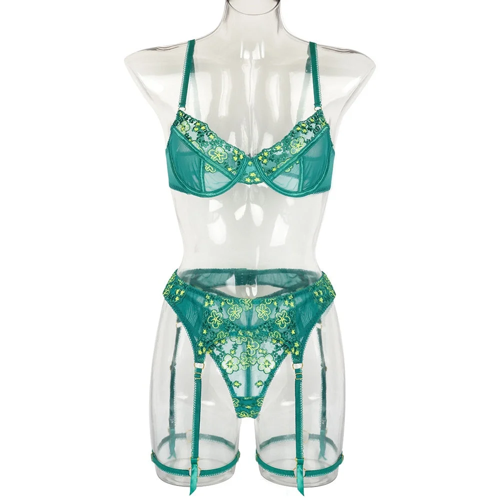 Yimunancy 3-Piece Lace Bra Set Women Sexy Lingerie Set Sensual Green Erotic Underwear Set with Underwire