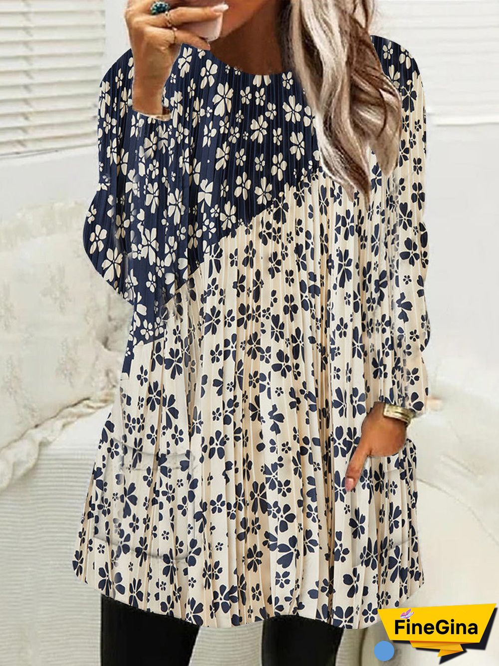 Women Long Sleeve Scoop Neck Printed Stitching Pockets Tops