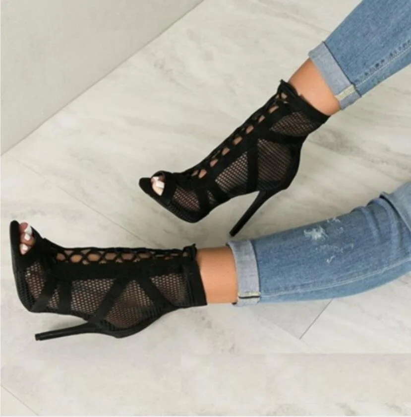 Qengg 2021 Fashion Black Summer Sandals Lace Up Cross-tied Peep Toe High Heel Ankle Strap Net Surface Hollow Out Sandals