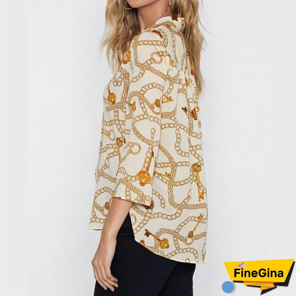 Women Chain Print Vintage Chiffon Blouse Turn-Down Collar Plus Size Loose Tops