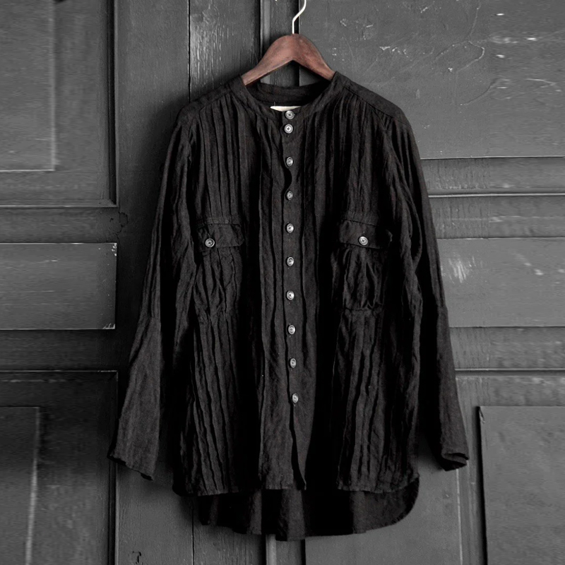 Men's Black Linen Pleated Single Breasted Shirt