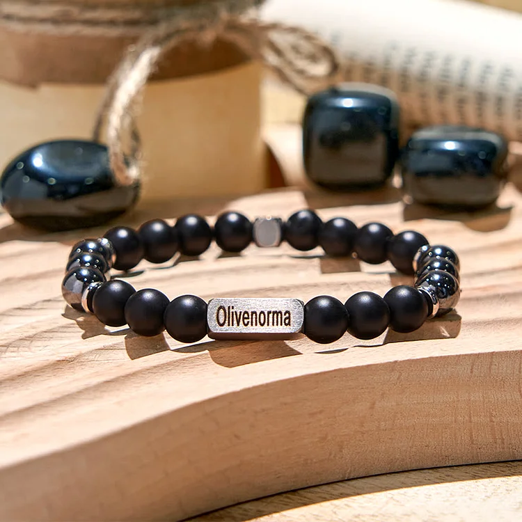 Olivenorma Black Onyx Hematite Beaded Engraved Bracelet
