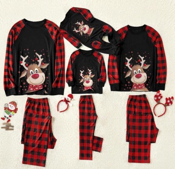 Christmas Deer Print Buffalo Plaid Family Matching Pajamas Sets