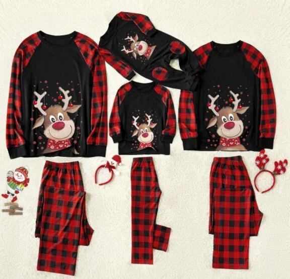 Christmas Deer Print Buffalo Plaid Family Matching Pajamas Sets