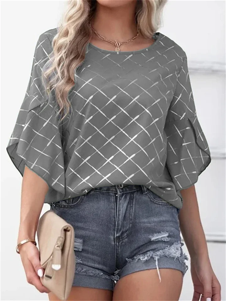 Spring and Summer New Striped Plaid Women's Loose Casual Five Ruffle Sleeves Elegant and Comfortable Style Top T-shirt
