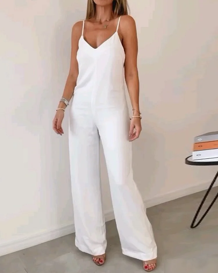 Sleeveless solid color loose jumpsuit with thin straps