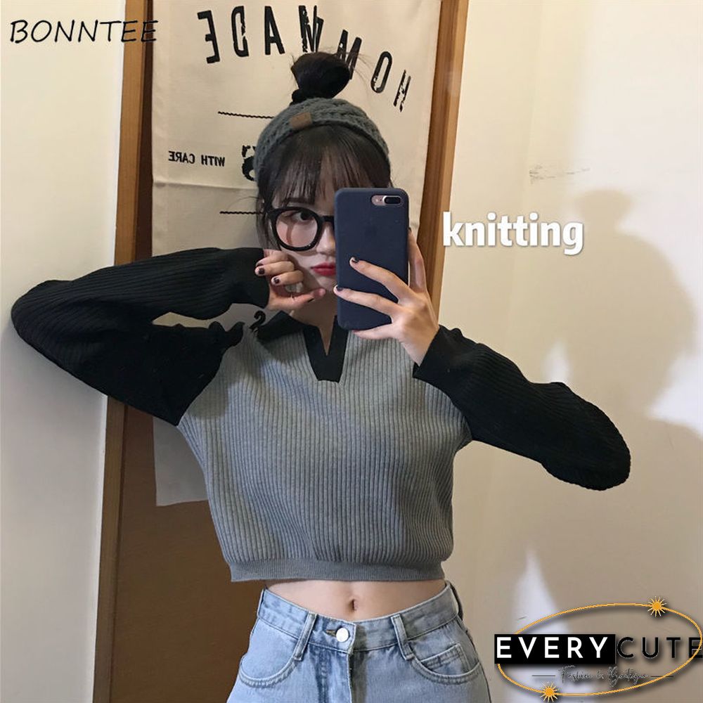 Turn-Down Collar Long Sleeve T-Shirts Women Patchwork Trendy Korean Style Streetwear Outwear Knitted Loose Chic Vintage Stretchy