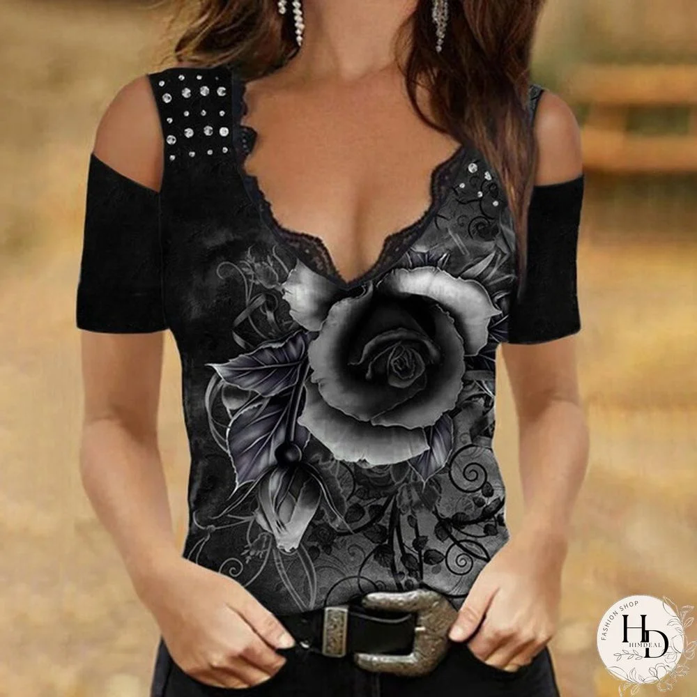 Summer New Fashion Women's Lace V-neck Flower Printed Short Sleeve Casual Top Loose Plus Size Strapless Soft and Comfortable Thin Shirt XS-5XL