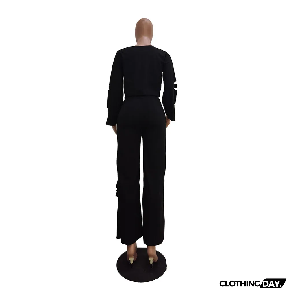 Casual Solid Color Ripped Flared Pants Suit