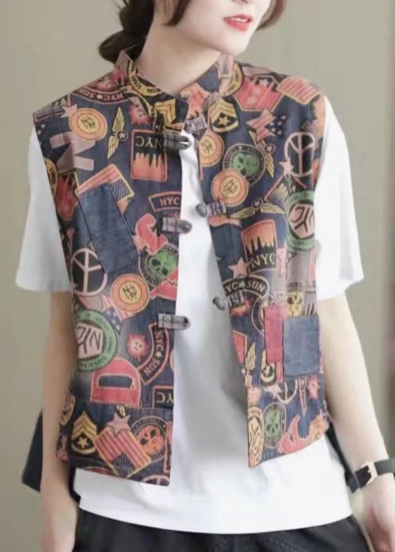Retro Floral Colour Stand Collar Print Button low high design Waistcoat Sleeveless