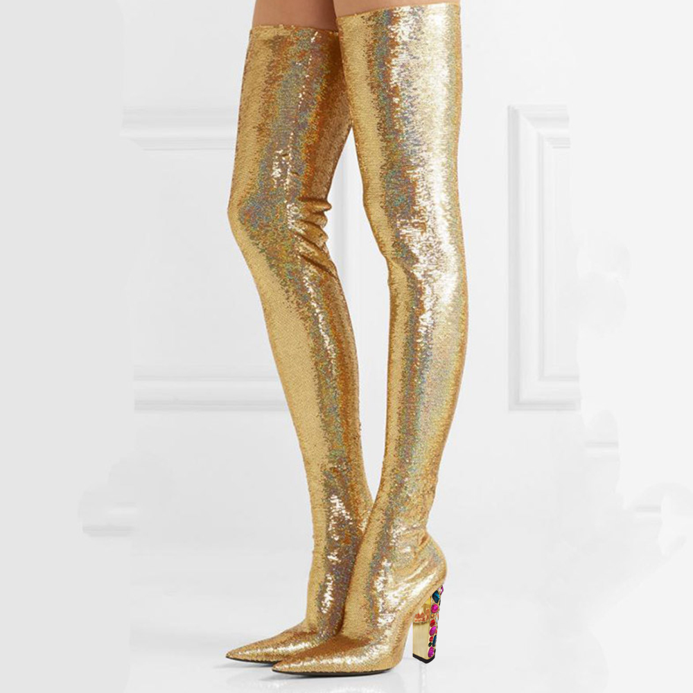 Sparkly Gold Pointed Toe Gem Decorative Heel Thigh High Boots Nicepairs