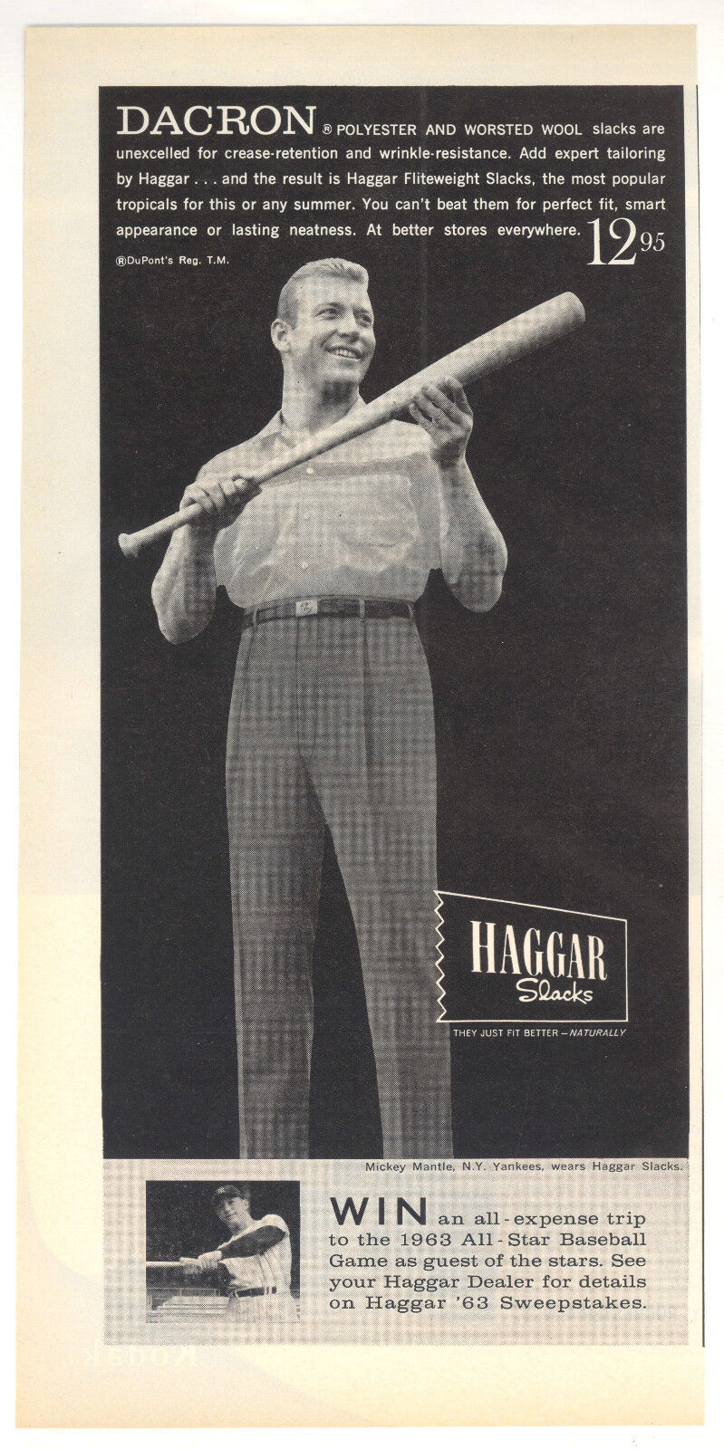 1963 MICKEY MANTLE N Y YANKEES BASEBALL ORIGINAL Photo Poster painting AD DACRON HAGGAR Slacks