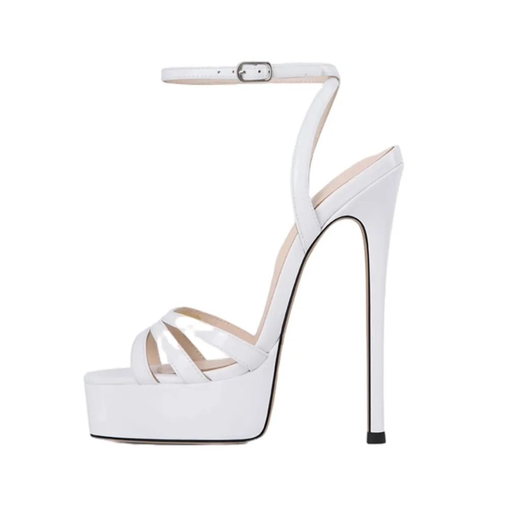 White Faux Leather 6 Inch Heel Ankle Strap Sandals with Buckle