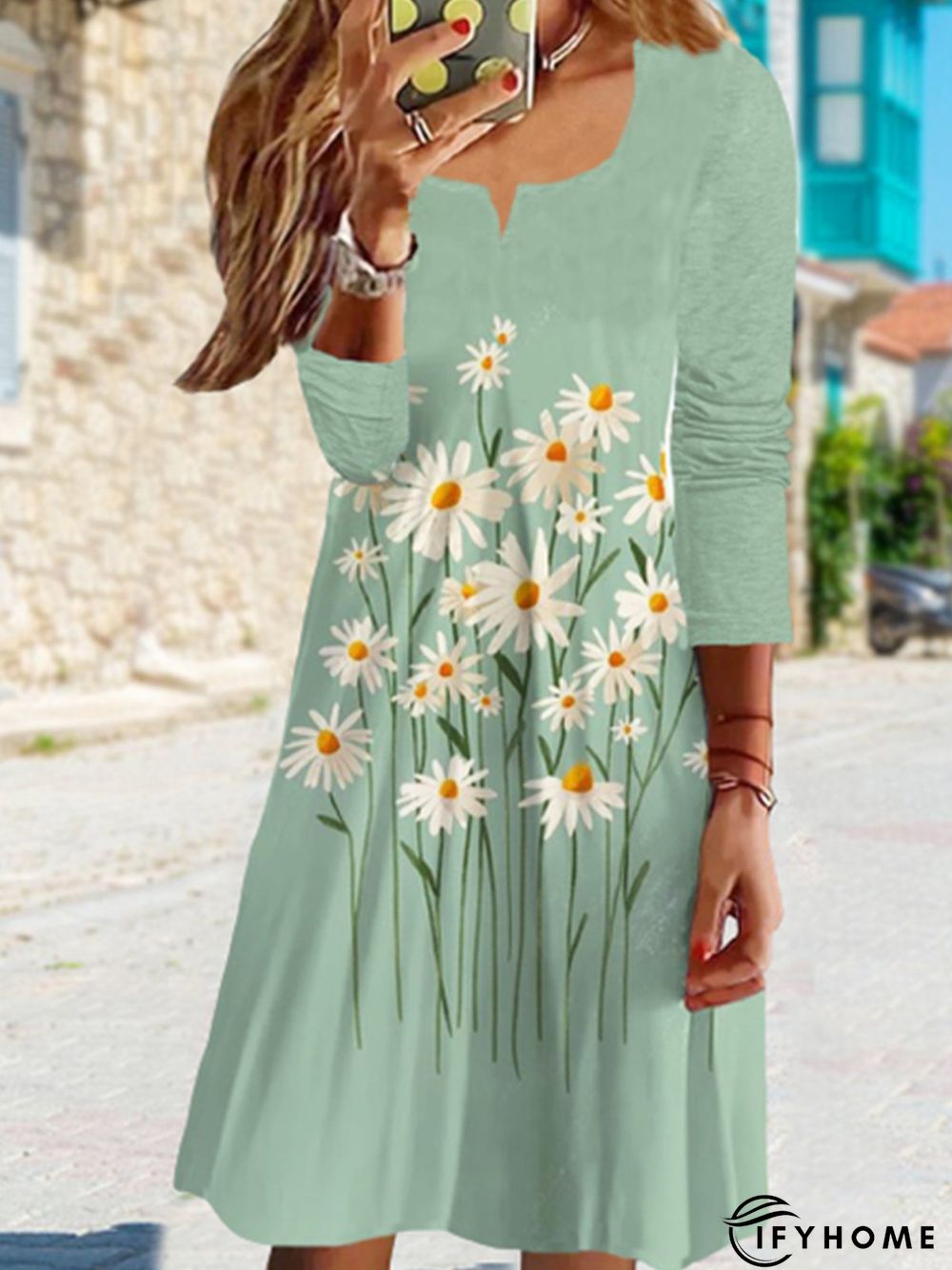 Women's A-Line Loosen Dress Midi Dress Long Sleeve Floral Print Fall Spring U-Neck Casual | IFYHOME