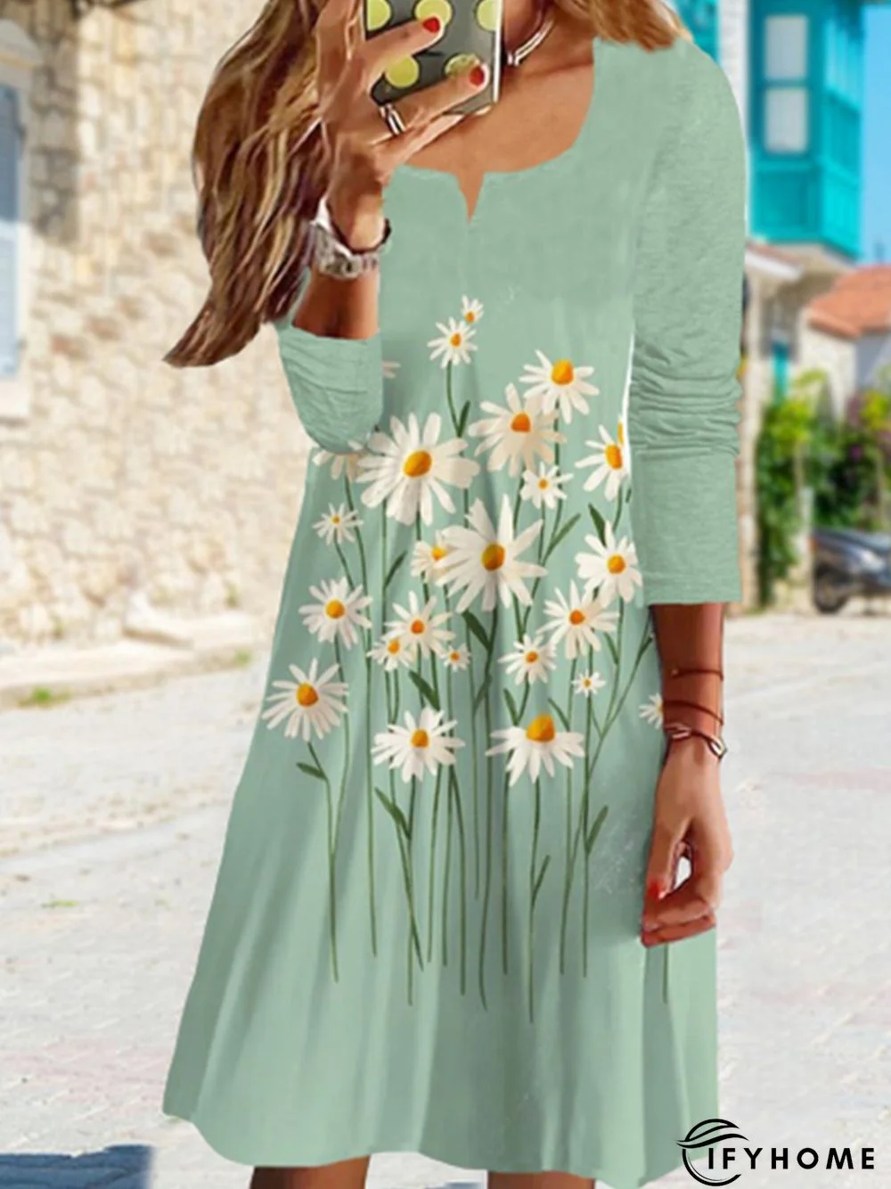 Women's A-Line Loosen Dress Midi Dress Long Sleeve Floral Print Fall Spring U-Neck Casual | IFYHOME