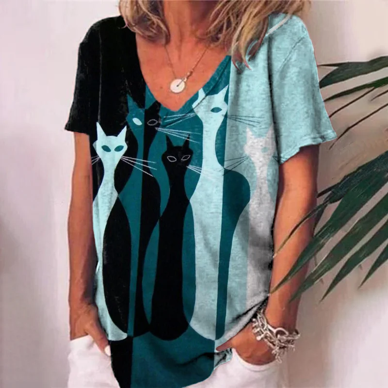 Gradient Color Block Cat Print Casual T-Shirt