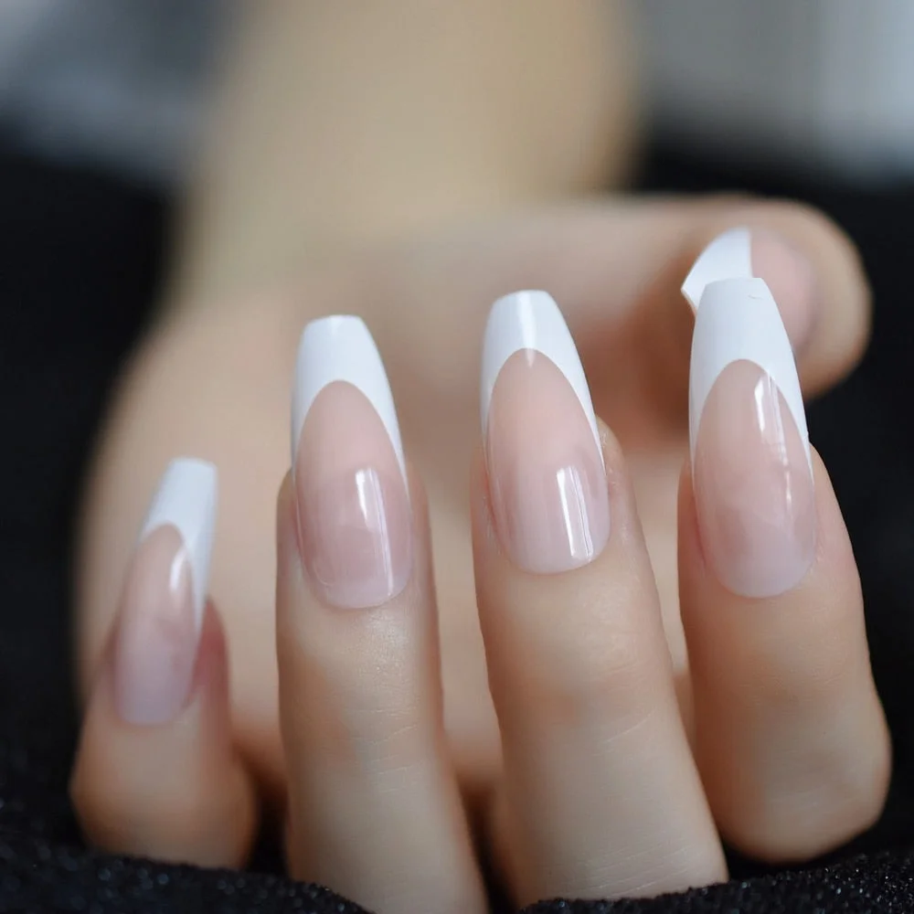 Long Coffin French Tip Fur Color Nude Faux Ongles White Smile Line Decoration Ballerina False Nails 24 Ct-Nail Inspo