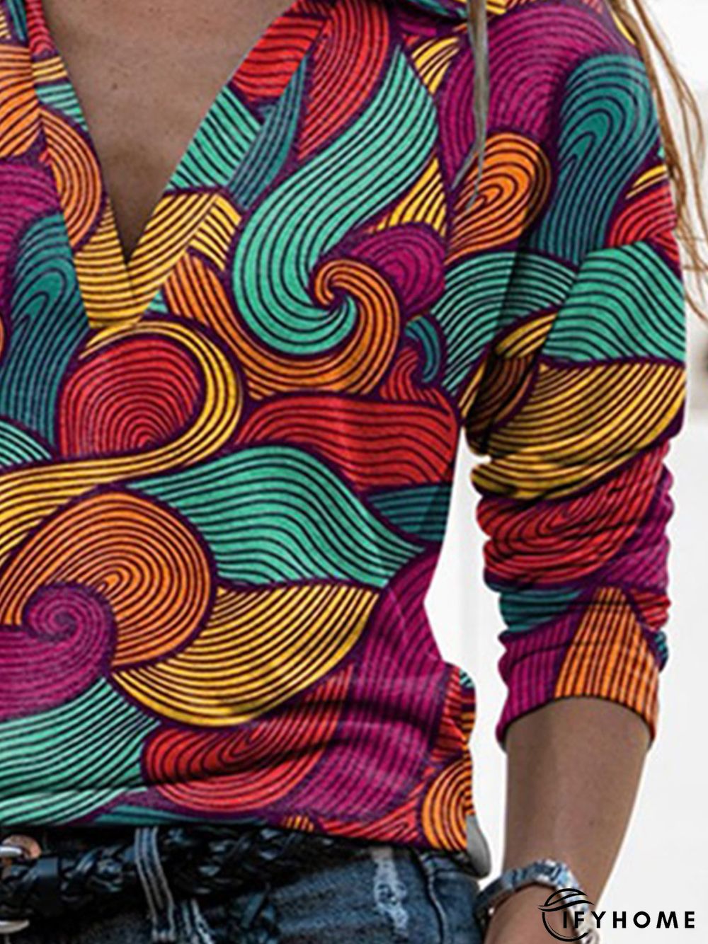 Vintage Multicolor Geometric Printed V Neck Long Sleeve Casual Top | IFYHOME