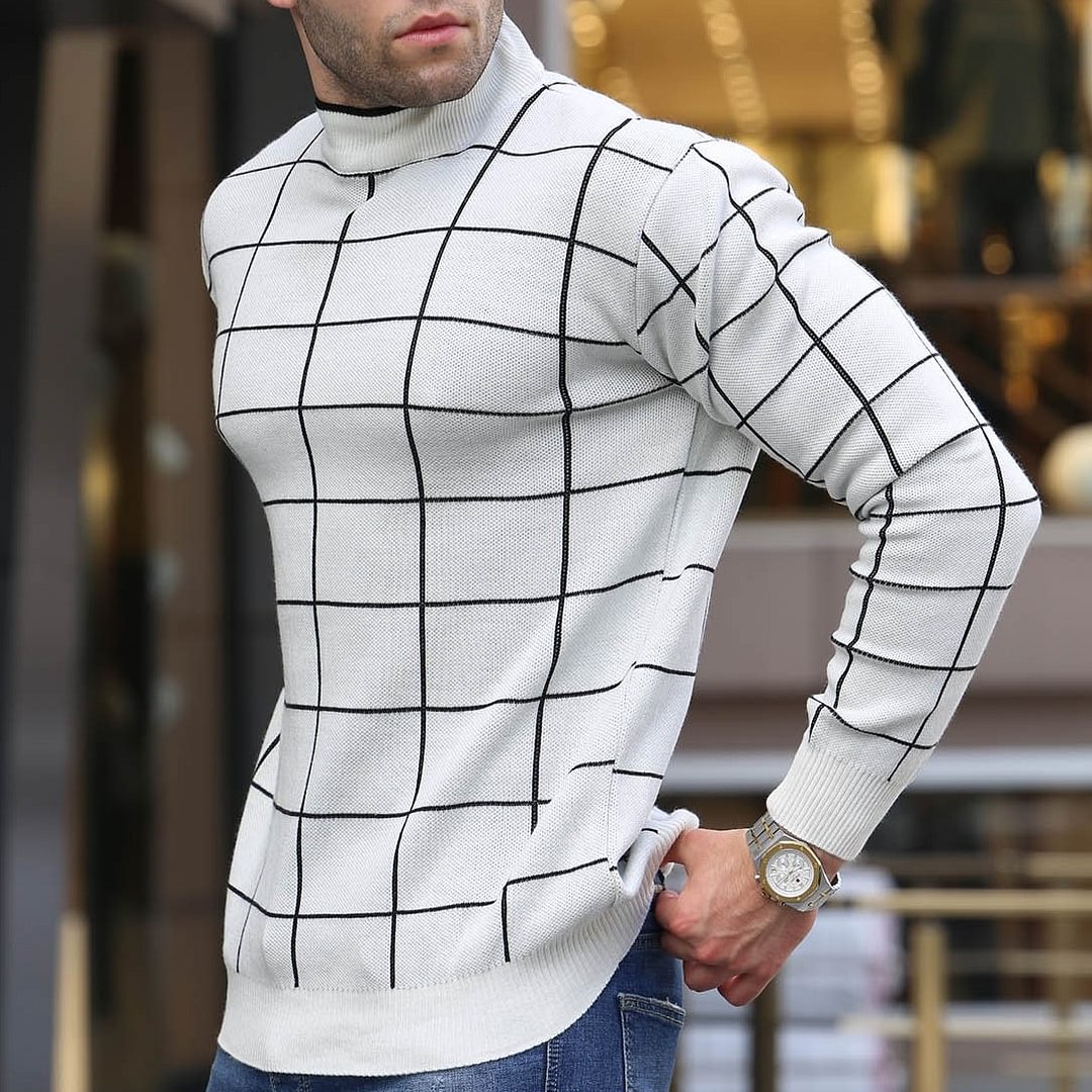 Men's Mid High Neck White Trendy Casual Plaid Sweater