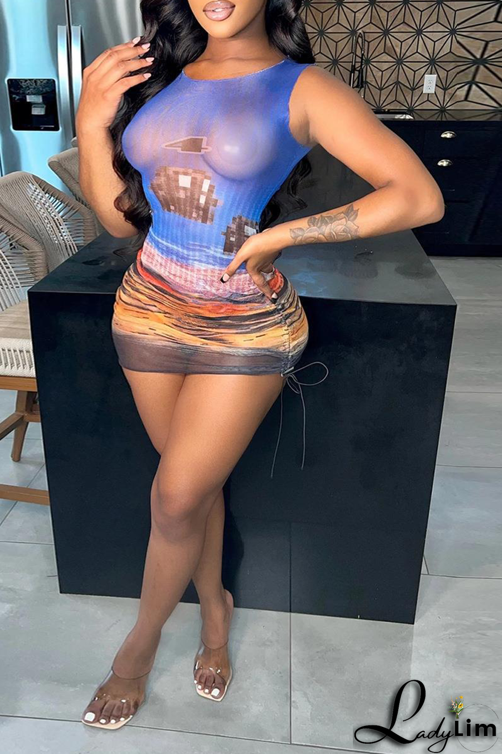 Blue Sexy Print Patchwork O Neck Pencil Skirt Dresses