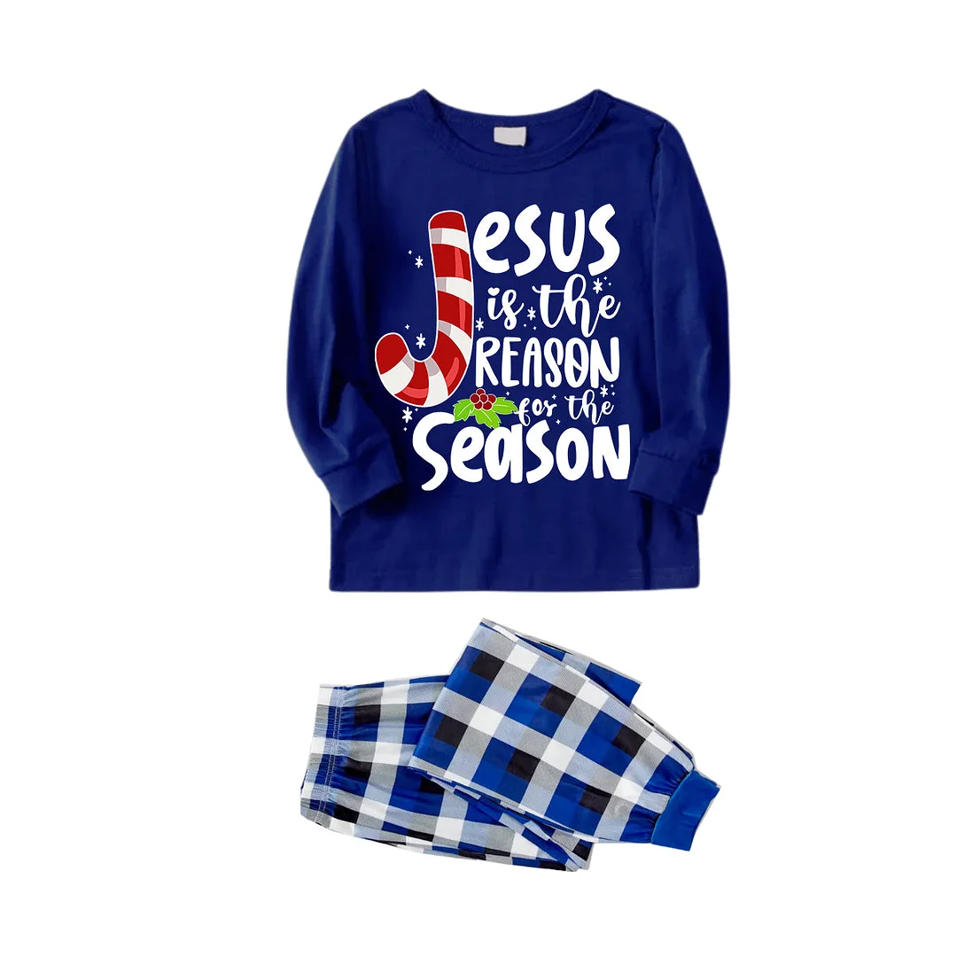 Christmas Lollipop Jesus White Letter Prints Contrast Blue Long Sleeve with Blue and White Plaid Pants Family Matching Pajamas