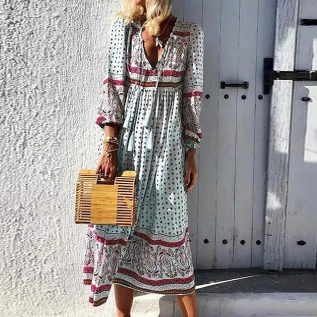 Women V-neck Lace-Up Tassel Autumn Dress Plus Size Long Sleeve Floral Print Party Maxi Dress