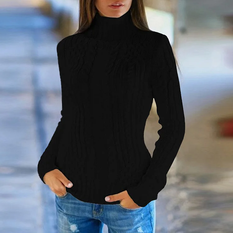 Vintage Solid Turtleneck Long Sleeve Sweater