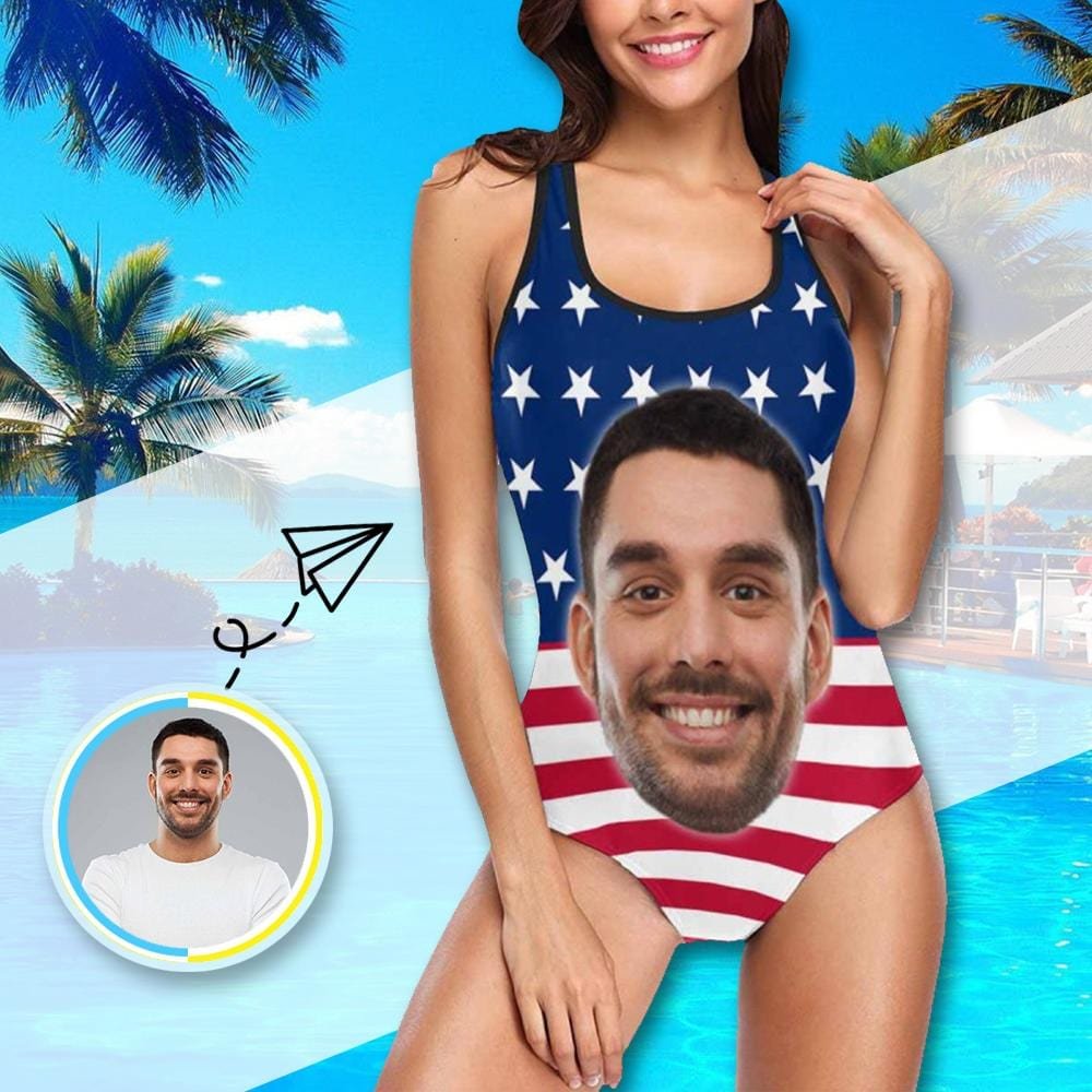 Custom Husband Face American Flag Swimsuit Personalized Tank Top One Piece Bathing Suit Celebrate Holiday Party Gift For Girlfriend, Wife