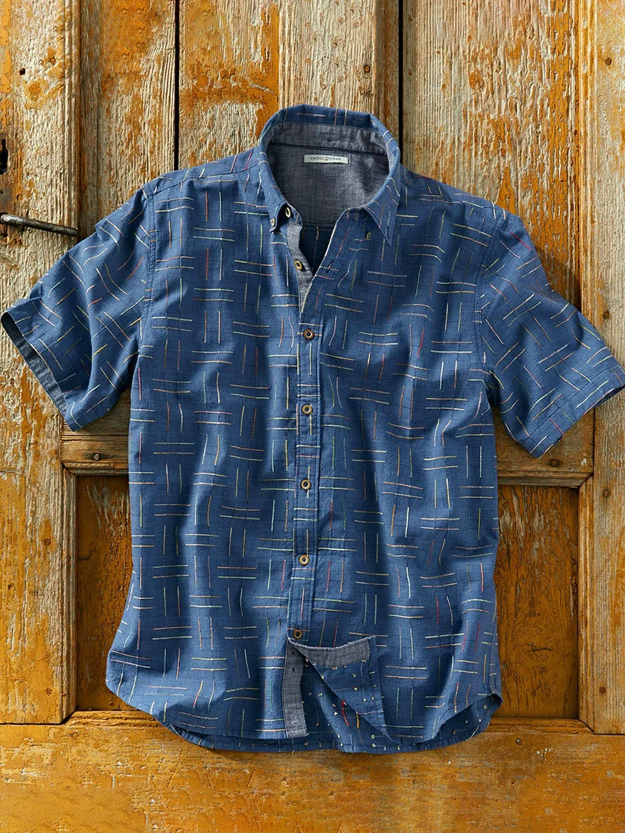 Men's Dark Blue Printed Short-Sleeved Cotton and Linen Shirt