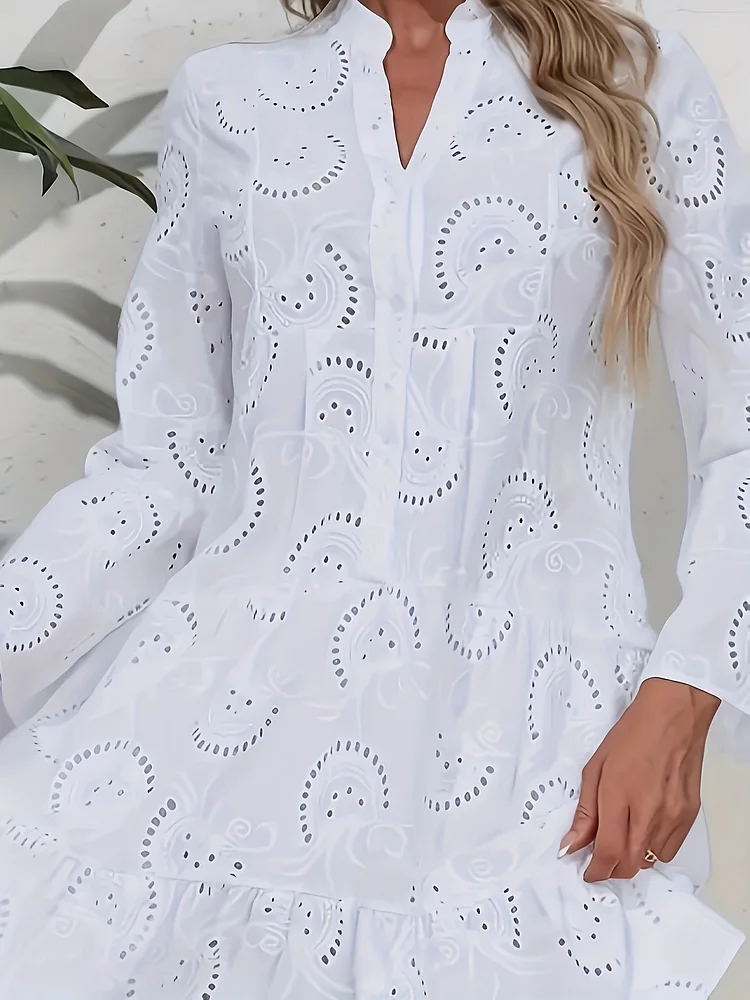 Mint Green Elegant V-Neck Blouse Dress | Women's French-Inspired Mid-Length Semi-Sheer Shirt Dress With Flared Sleeves & Lace-Like Cutouts - Machine Washable Spring/Summer Dress, Summer Outfit, Chic Fashion, Delicate Detailing, Trendy Outfit
