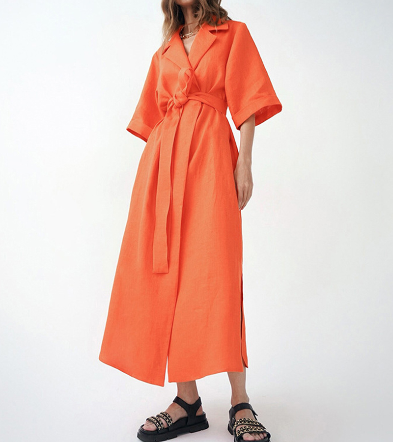 Bright Color A-line Lapel collar Wrap Dress