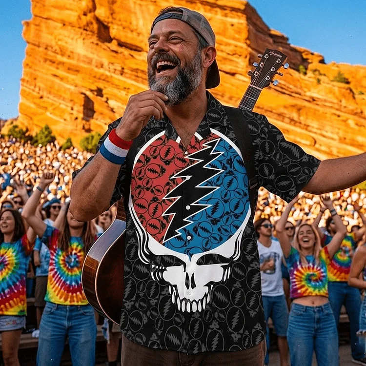 Vintage Grateful Dead Skull & Bear &Terrapin Graphic Cuban Collar Short Sleeve Shirt &ndash; Unisex Retro Cotton Top