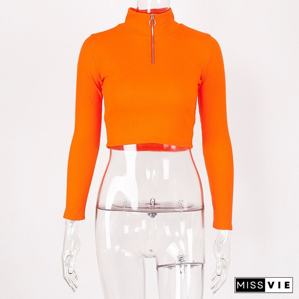 Autumn Fashion Women Crop Top Long Sleeves Zipper Crop Top