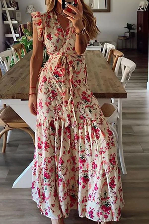 Bohemian Floral Print Cross Front V-neck Ruffled Maxi Dress | EGEMISS