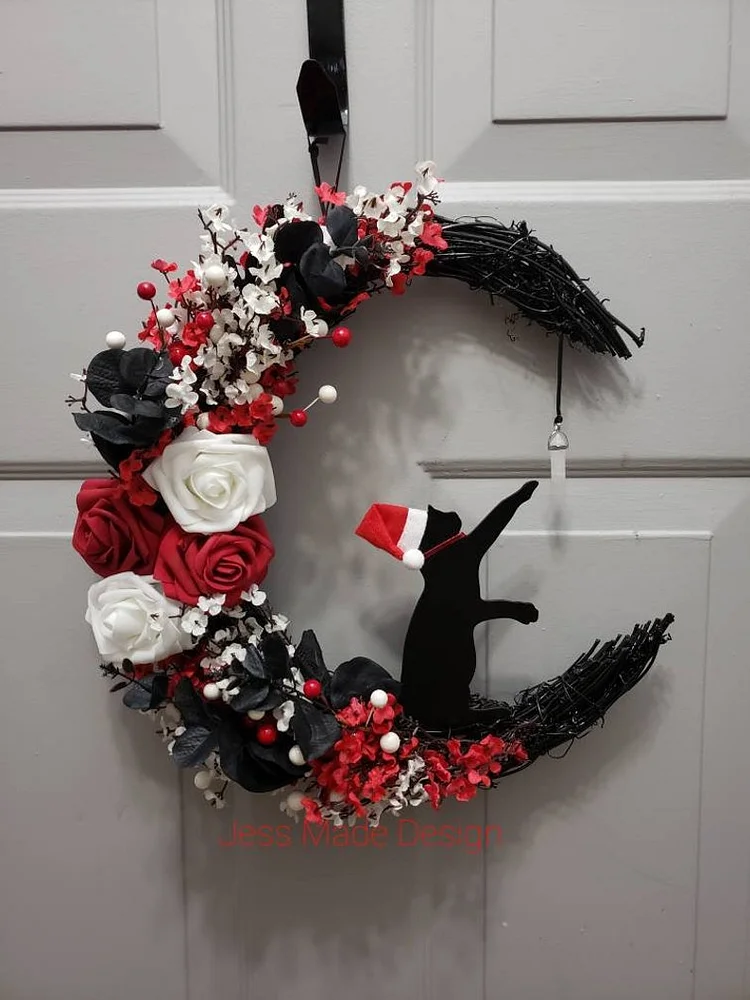 Christmas moon wreath. Gothic cat moon wreath. Witchy crystal wreath. Santa cat decor. Black cat wreath. Gothmas decor. Santa wreath 14"