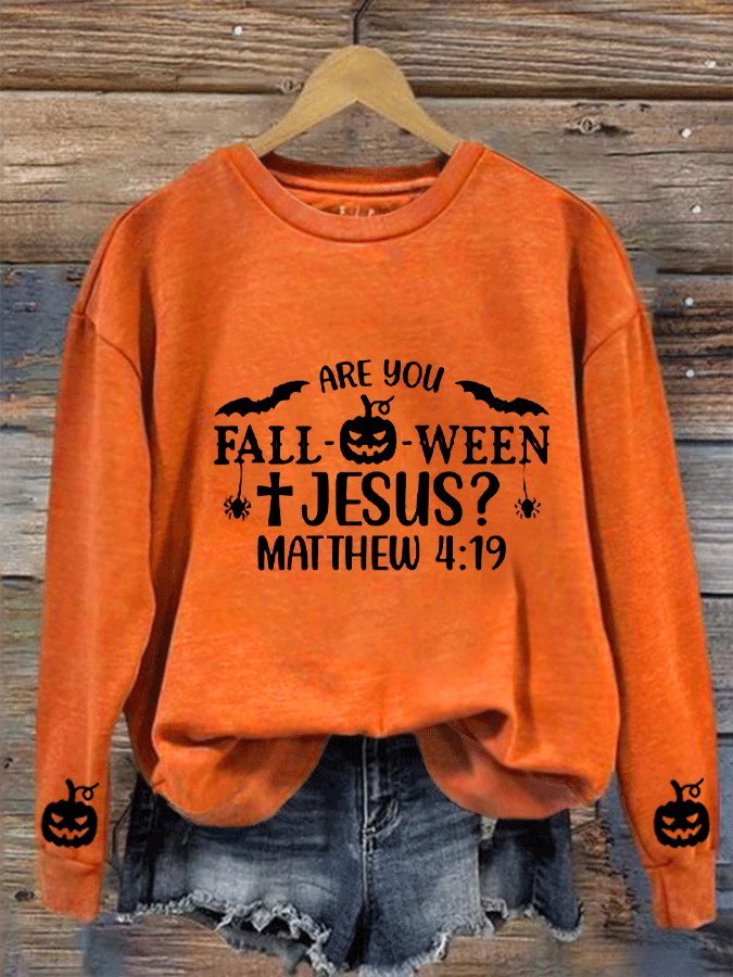 Women's Funny Halloween Are You Fall-O-Ween Jesus Matthew 4:19 Printed Sweatshirt socialshop